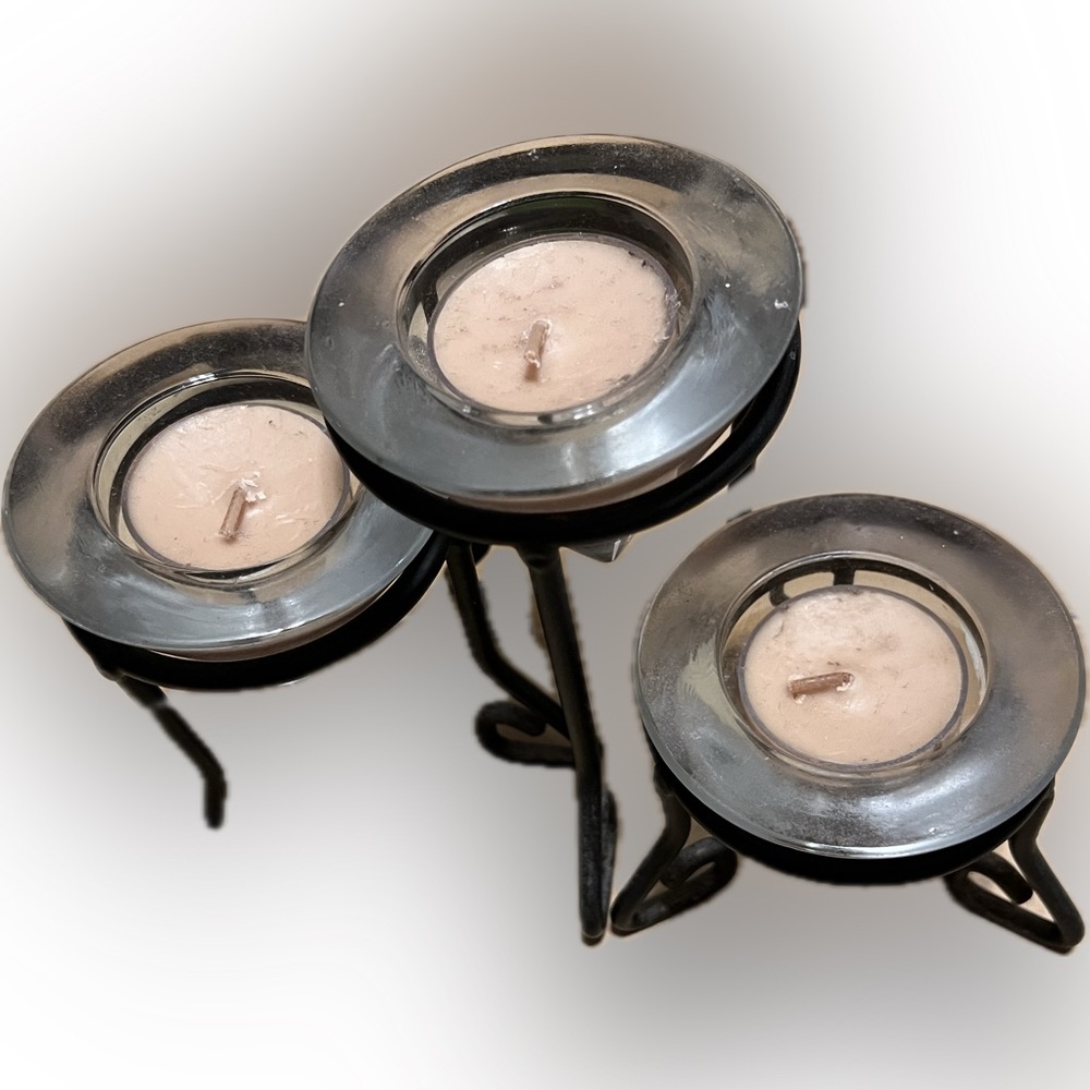 3 Piece Tea Light Diamond Sgaped Glass Candle Holder Set Metal Stand 3 Sizes